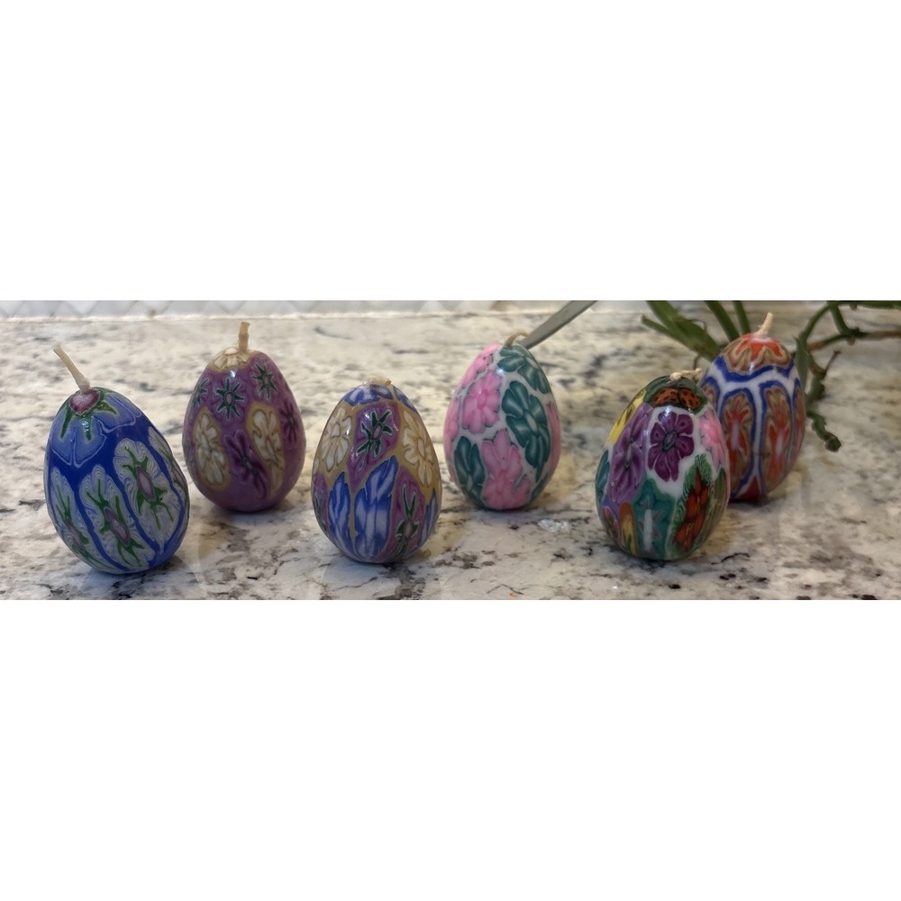 6 Vintage Millefiori Style Wax Egg Shape Candles Easter Spring Decor